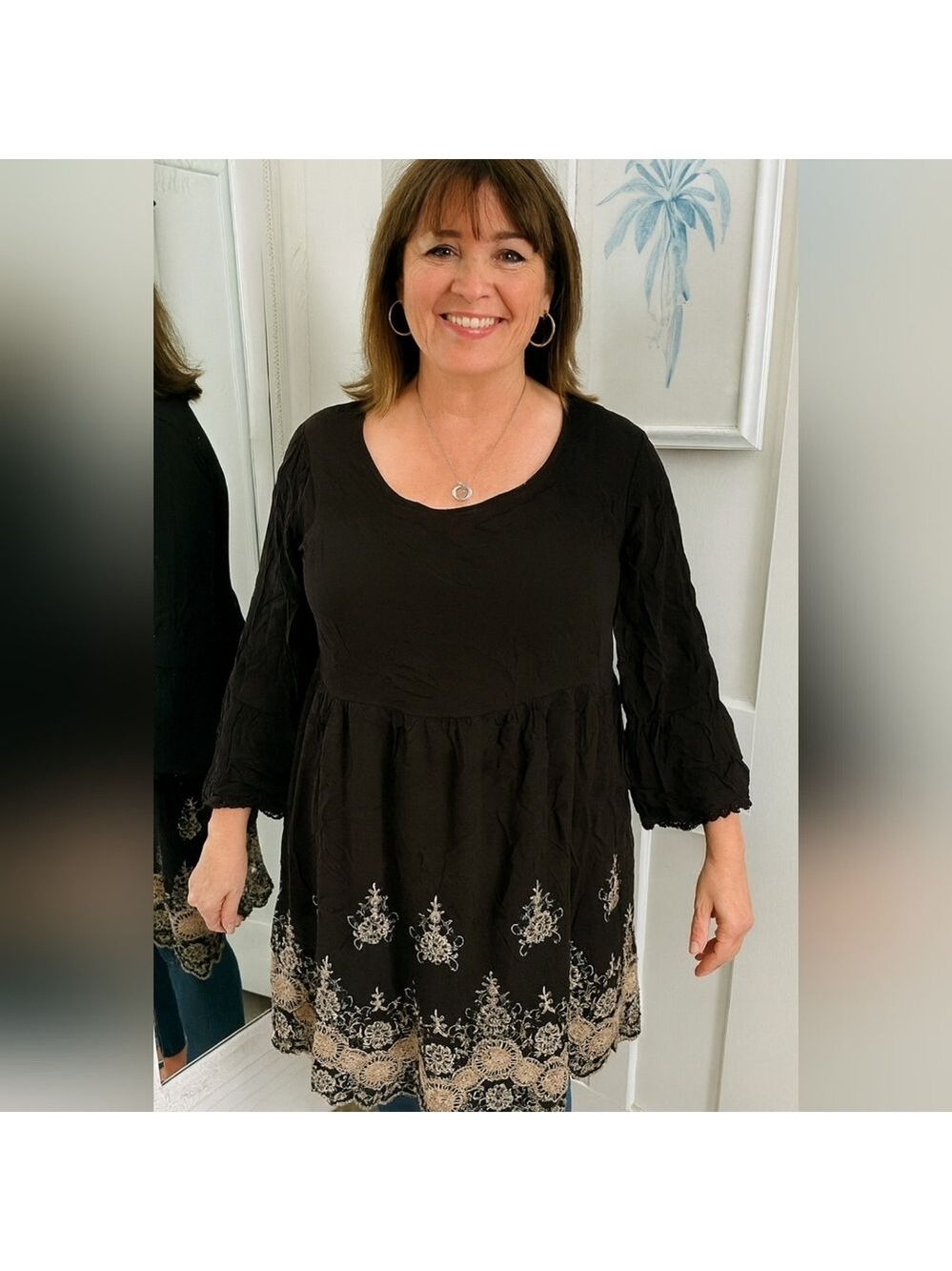 Black Long Sleeved Boho Tunic Mini Dress with Cream Embroidery. Size M